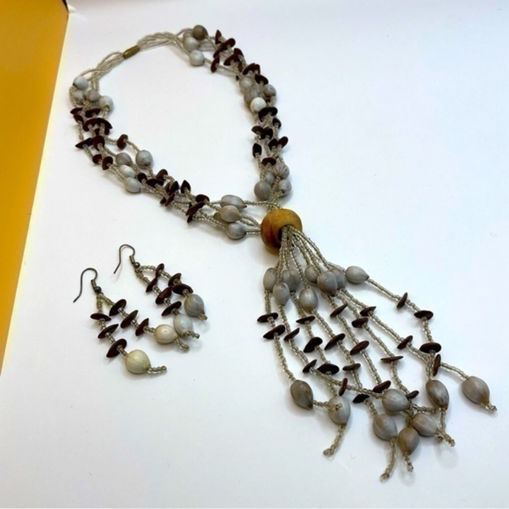 African Jewelry Necklace Earrings Artisan Set Kenyan Beaded Shells Wood Tassel